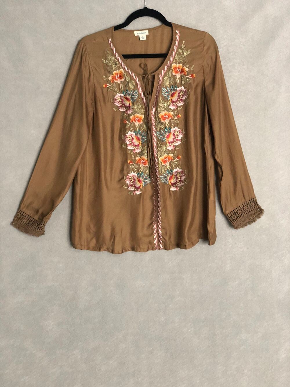 Sundance Embroidered Top Long Sleeve Brown Women's Small